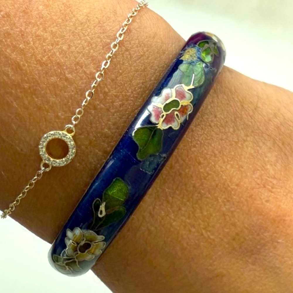 Vintage Cloisonné Blue Enamel Floral Bangle Bracelet with Gold Inlay